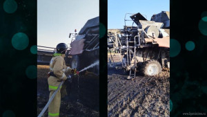 На поле в Липецкой области загорелся комбайн