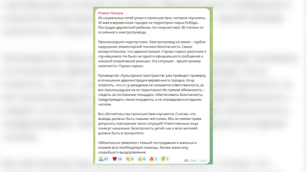 Роман Ченцов возмутился халатности администрации верёвочного городка, где ударило током ребёнка