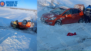 В Липецкой области пожарные помогли достать из кювета перевернувшийся автомобиль