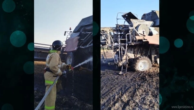 На поле в Липецкой области загорелся комбайн